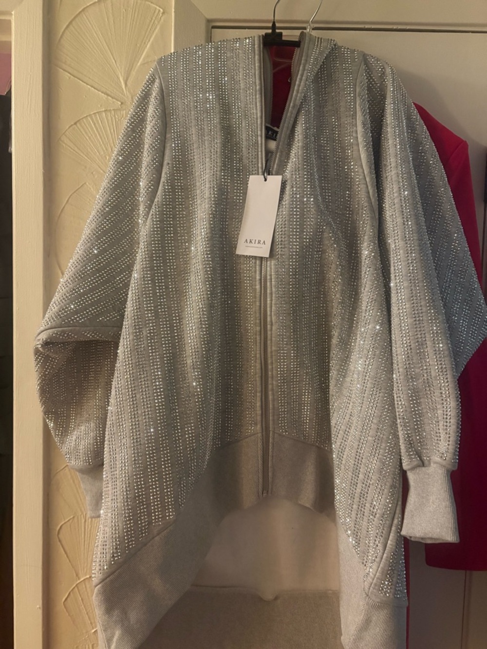 AKIRA Silver Sequin Zip-Front Draped Cardigan